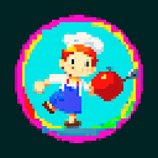 cooking chef character, pixel art, frying pan in hand, 2D plateformer video game, vibrant colors, detailed shading, dynamic pose, sRGB