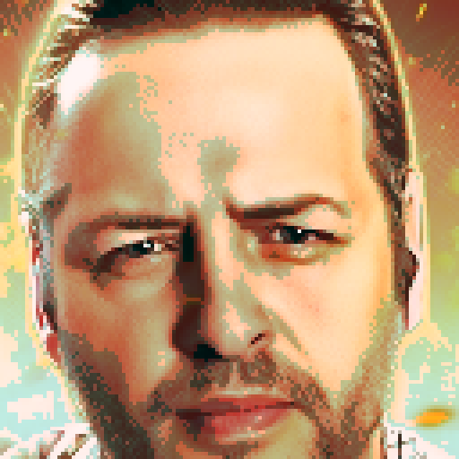 I want you to take this photo and turn them into a cartoon priest with red demon eyes.