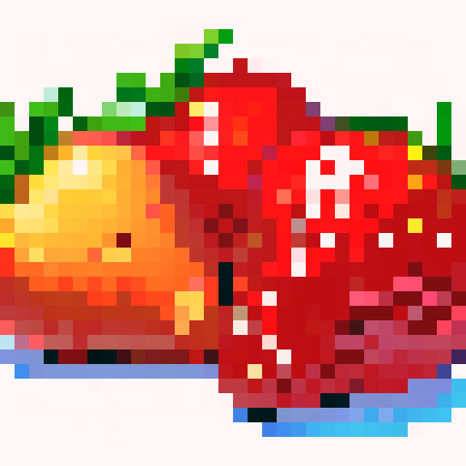 Vibrant red strawberries, juicy and plump, arranged in a pixel art composition, bursting with sRGB colors