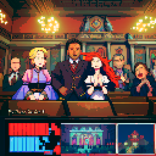 delegates passionately arguing inside of German Federal Parliament, vibrant colors, pixelated details, iconic architecture, retro video game aesthetic, animated pixel art, meticulously crafted characters, intricate pixel patterns, dynamic lighting, immersive atmosphere, high-energy debate, expressive facial expressions, animated gestures, traditional German clothing, historical significance