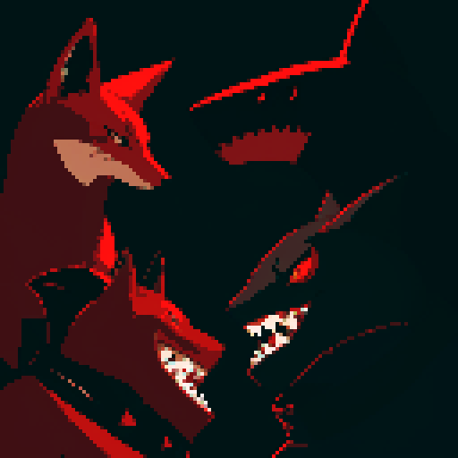 With a background of red and black, two villain faces, one a shark and the other a fox, and their troop ready for war at the bottom of the image.