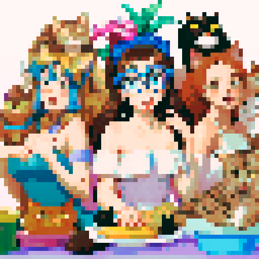 
flat illustration of a girl with many cats, cartoon style, close-up