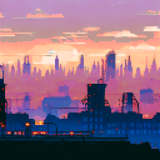 Towering smokestacks belching plumes of fire, rusted pipes snaking through abandoned warehouses, a neon skyline glowing in the distance, all set against a purple and blue pixelated sRGB background