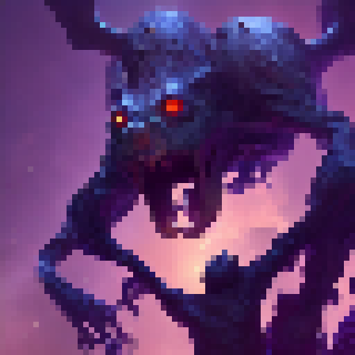  a massive, grotesque creature covered in oozing, pulsating tumors that exude toxic fumes. Its body resembles a nightmarish fusion of multiple animals, with mismatched limbs, twisted horns, and a misshapen head with glowing purple eyes. Its thick hide is almost impervious to physical attacks, and its movements are erratic and unpredictable. Its multiple legs end in razor-sharp claws that can rend through solid rock, and its massive, bulbous abdomen houses a gaping maw lined with rows of serrated
