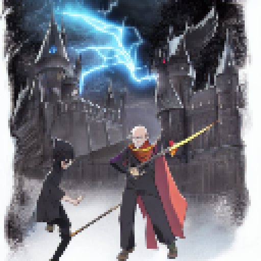 Wizarding duel between Harry and Voldemort, casting spells in a dark and eerie Hogwarts courtyard with glowing wands, fiery explosions, and swirling magical energy.