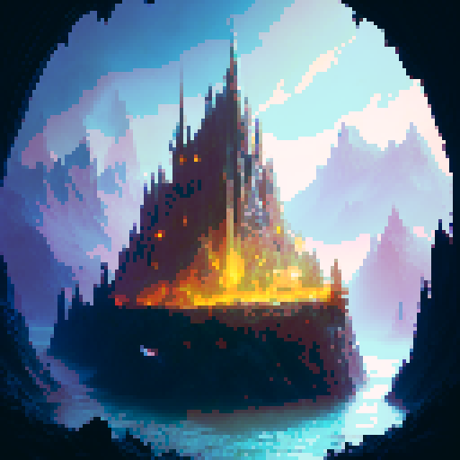 Large Fantasy castle looming over misty mountains, surrounded by lush forests and cascading waterfalls, with a moat filled with shimmering blue water and a grand entrance adorned with golden gates