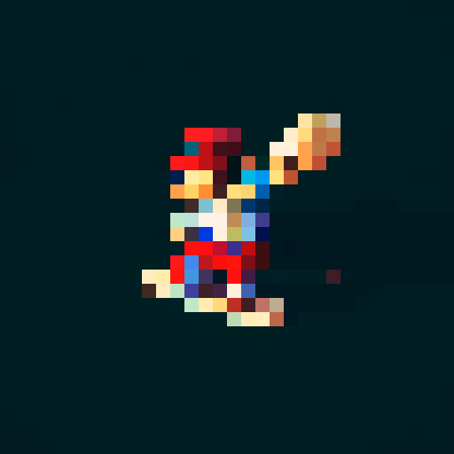Baseball batter, swinging bat, pixel art, vibrant colors, dynamic motion, energetic lines, retro feel, low-res pixels, exaggerated proportions, action-packed, stylized shadows, nostalgic aesthetic