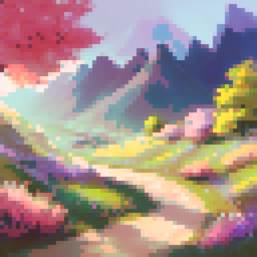 Rolling hills dotted with vibrant wildflowers lead to a picturesque town nestled in a valley, surrounded by towering mountains and a clear blue sky - a breathtaking landscape portrait.