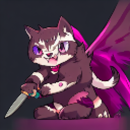 Fierce feline warrior, brandishing a magical sword, stands atop a tower of bones overlooking a misty, enchanted forest.