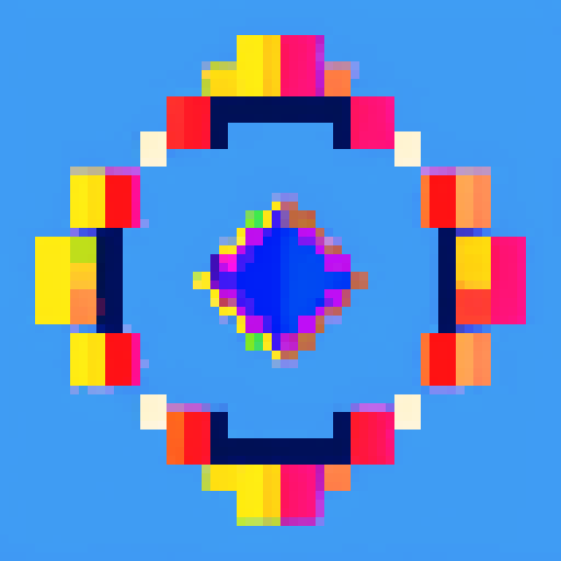 angled mirror, reflective surface, vibrant colors, blocky pixels, geometric shapes, digital art, 8-bit aesthetic, retro feel, sRGB color space, abstract composition, distorted reflection, symmetrical design