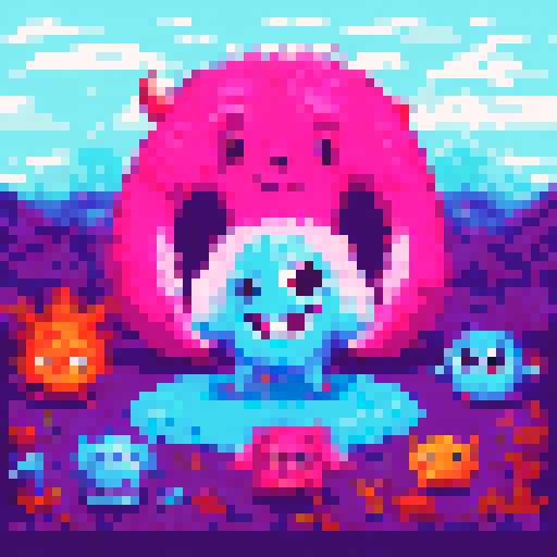 Colorful and playful, a sprite sheet of adorable monsters with big eyes and fluffy fur, each with their own unique shape and vibrant hue, white background. 16x16 style.