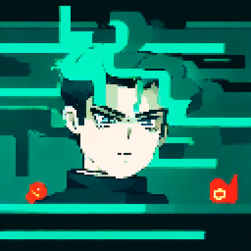 Half man, half machine with slicked back hair, neon green eyes, and a leather jacket exhales smoke from his cigarette in a pixelated anime close-up portrait