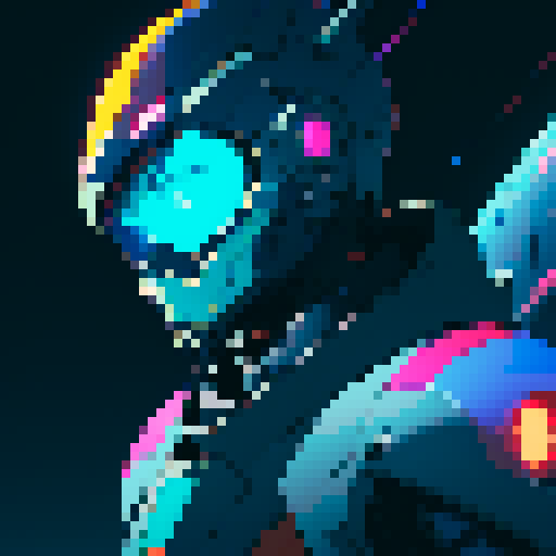 space mech suit, helmeted male pilot, vibrant colors, retro pixel art, futuristic design, glowing neon lights, metallic armor, sleek and angular shapes, dynamic pose, starry background, cosmic energy, intricate details, mechanical joints, digital display, holographic interface, sci-fi atmosphere, powerful weaponry, high-tech gadgets