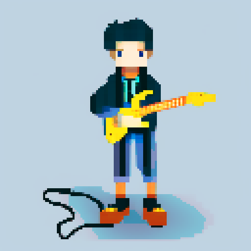 hacker boy with electric guitar in a rainy day, pixel art