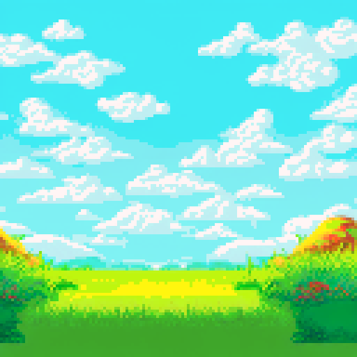grassy field, sunny sky