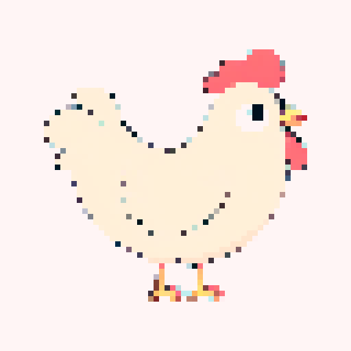 sideview of a sad chicken with pixel art style, small beady eyes, drooping wings, vibrant yellow feathers, and an expression of sorrow