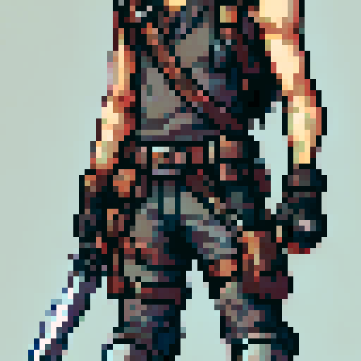 male, athletic and muscular fuzzy hair, wearing light armor that offers some protection rendered in a 64x64 pixel full body sideview style