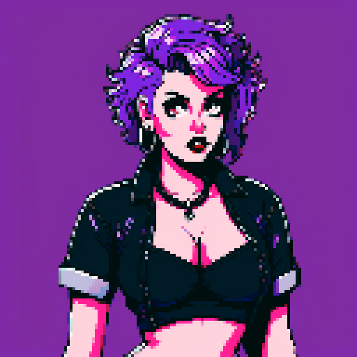 curvy, cute, busty greaser goth girl, with purple hair, black eyeshadow, red lipstick. Very busty wearing bikini, studded collar. Posing in a sexy seductive glamour shot, whole head portrait, avatar photo. vibrant sRGB colors, pixel art, edgy aesthetic