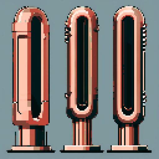 I want a tall vertical copper structure reminiscent of a organ pipe. It should have strange mechanical details that could interlock with each other. I also want this object usable an asset in a videogame, meaning only one object per image, outlined with a strong black stroke, on a solid-color background.