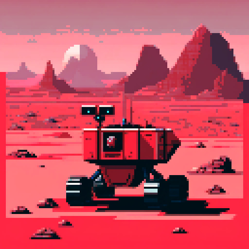 Single building, towering red structure with sharp angles, surrounded by a barren landscape, adorned with retro-futuristic details, showcasing pixelated Mars rovers exploring the rocky terrain in vibrant shades of ARNE 32