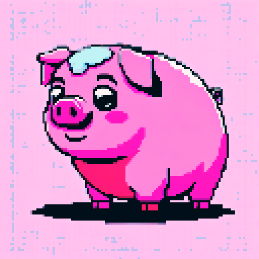 fat pig character, cute and chubby, with pink skin and a snout, depicted in vibrant pixel art with sRGB colors