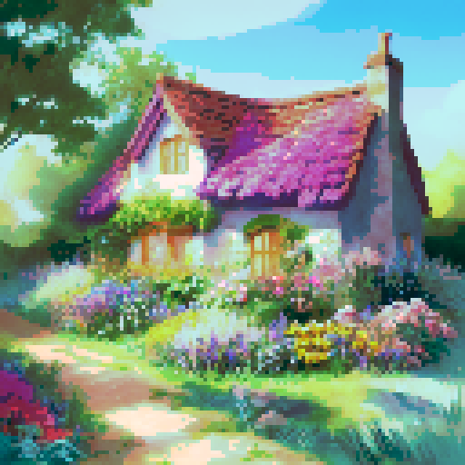 an adorable cottagecore cottage with a winding path and garden of wildflowers limited colors