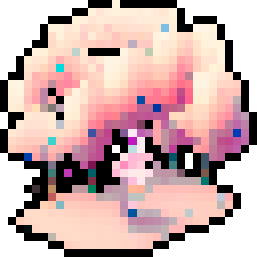 anime girl, pink hair, running with vibrant, pixelated surroundings and a trail of pixelated cherry blossom petals trailing behind