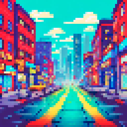 vibrant colors, retro aesthetic, bustling city street, neon signs, crowded marketplace, towering skyscrapers, steam rising from manhole covers, rain-soaked pavement