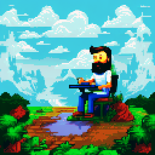Bushy-bearded and long haired programmer typing at desk with black-and-white cat lounging atop computer tower amidst a retro game-style, pixelated landscape with vibrant sRGB colors, pixel art, 80's game