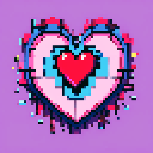 heart cracked down the middle, pixel art, cartoon style, vibrant colors, expressive lines, exaggerated emotions, whimsical details