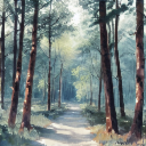painting of a forest with a path through it