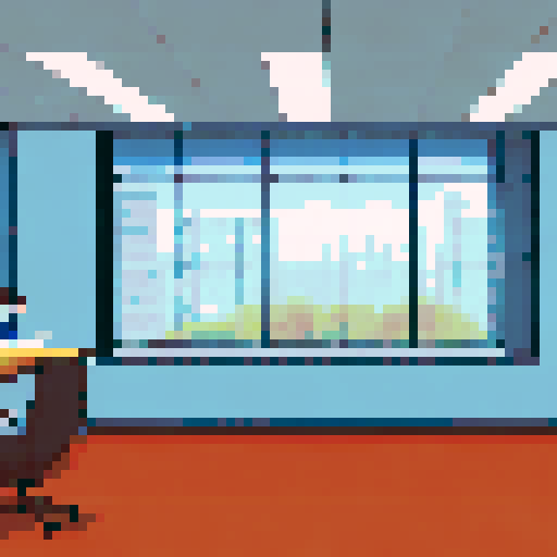 A conference room with office workers and a big window at the back wall