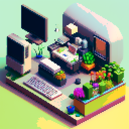 pixel art, bustling cubicles, a quirky receptionist, a steaming cup of coffee, stacks of colorful sticky notes, a vintage typewriter, a desk cluttered with office supplies, a motivational poster on the wall, fluorescent lights casting a vibrant glow, a row of computer monitors, a phone ringing off the hook