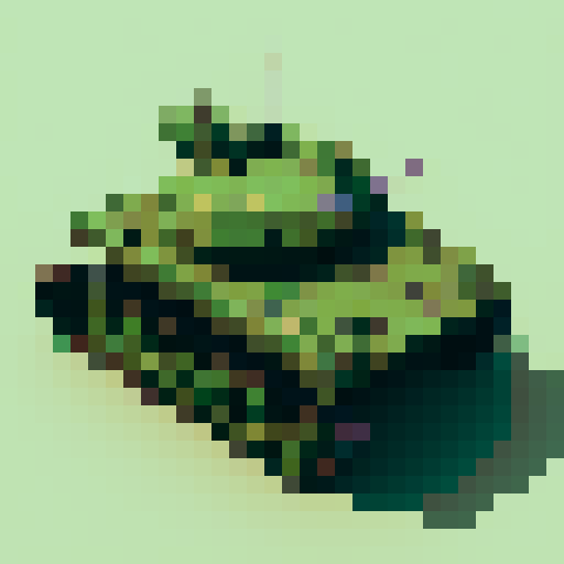 tank, pixelated, armored, green, cannon, tracked, military, retro, game asset, icon, battle-ready, compact, powerful, detailed, top-down, miniature, combat vehicle