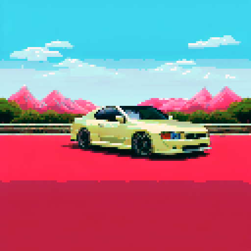 Photorealistic whole Nissan Silvia, three-quarter view, right front wheel, clean background, sRGB colors, pixel art style