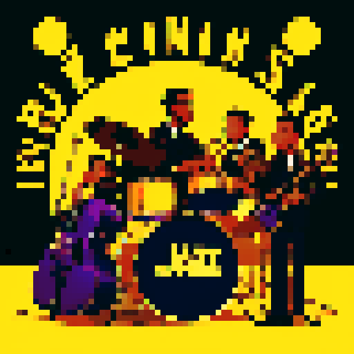 jazz musicians playing instruments, drums, double bass, saxophone, guitar, microphone, setting is a dimly lit bar, backlit, black, dark purple, brown, gold, pixel art style, sRGB