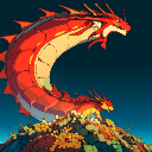 fire dragon with shimmering red scales, hoard of gold coins glimmering in the background, dragon leisurely lounging on top of a massive pile of gold coins, dragon's majestic form taking up the full canvas with intricate pixel art details in a vibrant sRGB color palette