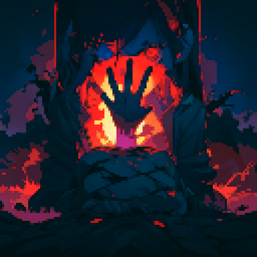 Hang with tattered clothes, eerie red glow, and bony fingers reaching out, emerging from a pixelated tomb in a hauntingly vibrant sRGB color palette