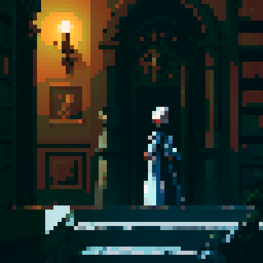 Dark fantasy library with a puzzle looking door. Two characters that are standing away from each other and our hero in the middle