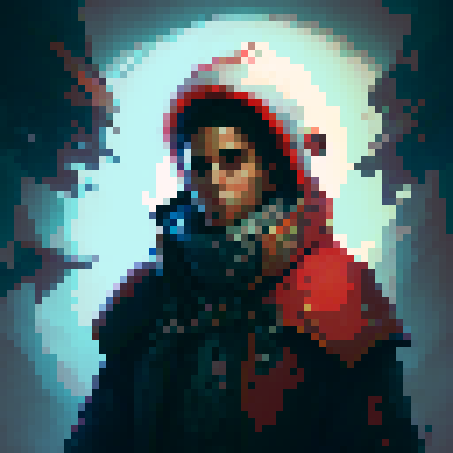 "Create a static image of a red mage character with red bycocket hat, red cloak, and white feather on a blue background reminiscent of an original NES status screen."