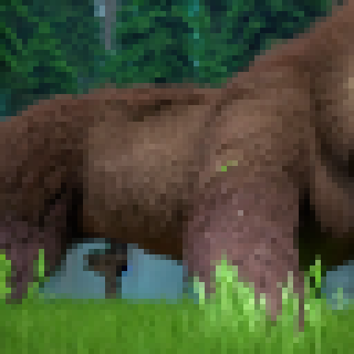 a towering sasquatch with shaggy blue fur and piercing eyes, its blue coat standing out against the surrounding greenery. Its massive feet leave prints in the soil. scene from a 1980's video game.