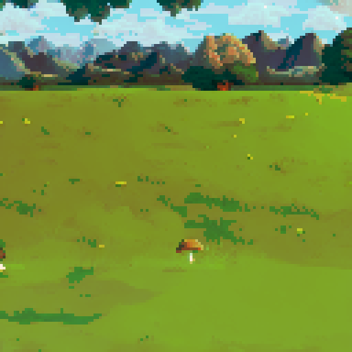 Vast grassy field dotted with golden mushrooms under a bright, clear sky. Jagged mountains line the horizon, framed by floating green cliffs. Soft shadows and muted greens dominate, creating a serene yet fantastical atmosphere. The lighting is natural, with crisp details in the clouds and terrain.