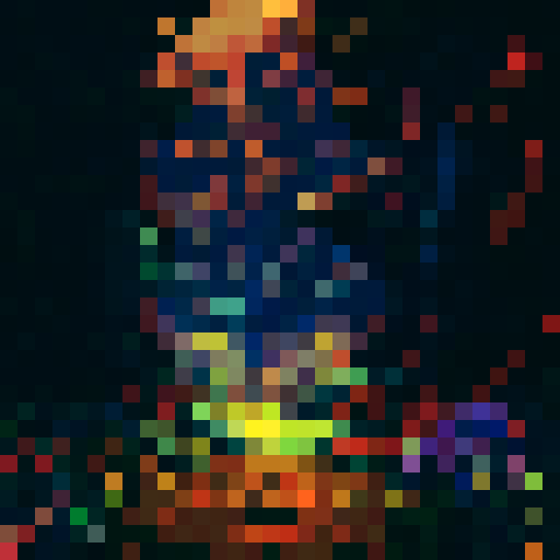 A sprawling, lush meadow dotted with vibrant wildflowers and towering trees framed by a majestic mountain range in the background, all rendered in pixel art with a vibrant sRGB color palette