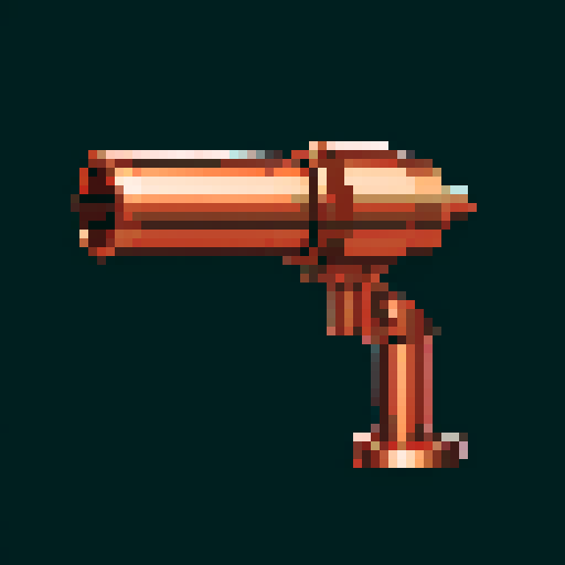I want a copper minigun viewed from from the side. I want this object usable an asset in a videogame, meaning only one object per image, outlined with a strong black stroke, on a solid-color background.