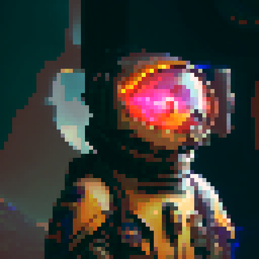 A neon-lit spaceship hovers above a desolate planet, surrounded by swirling purple clouds, as a lone astronaut in full cyberpunk gear gazes out into the starry night sky, clutching a glowing crystal in one hand and a laser gun in the other