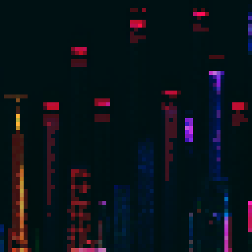 Neon-lit skyscrapers tower above bustling streets as hover cars zip by in a pixelated Tokyo cityscape.