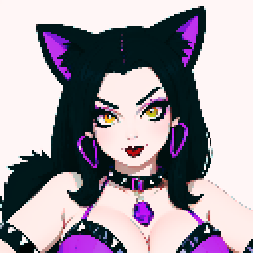 Cat girl, curvy, cute goth woman with black hair, purple eyeshadow, and red lipstick, wearing a bikini, studded collar, portrait, face avatar, in a glamour shot, sRGB color