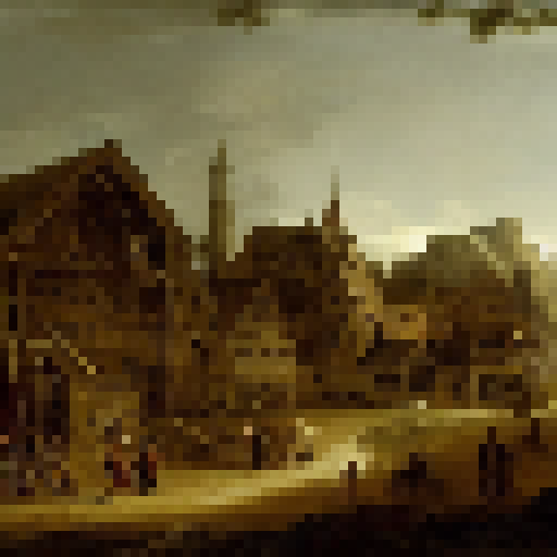 landscape with wood and stone buildings, people crafting and fighting monsters
