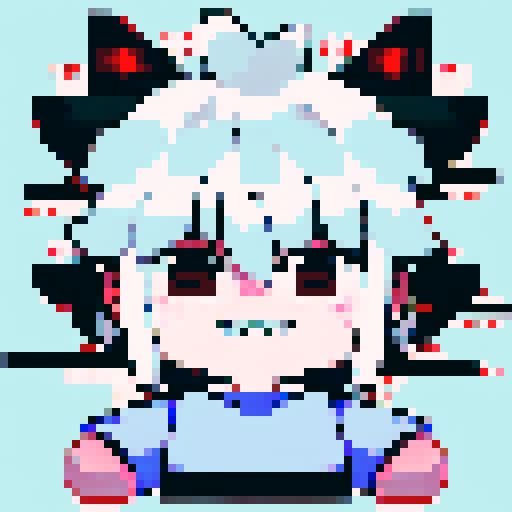 Bright-eyed anime character with spiky hair and a mischievous smile, portrayed in a pixel art style with a close-up portrait that highlights the intricate details of their outfit and accessories.