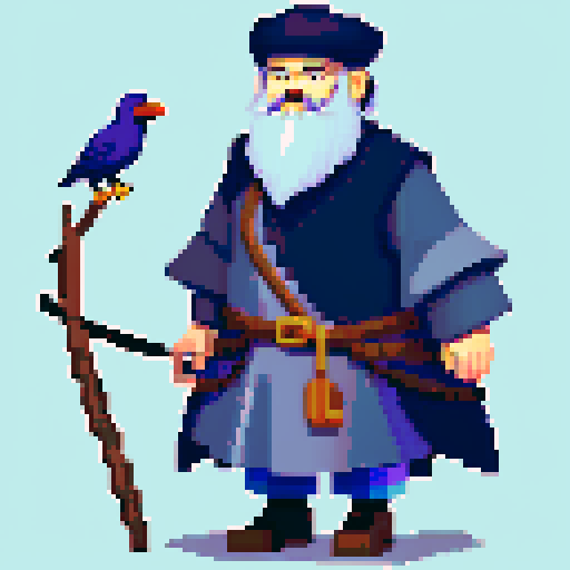 old antropomorphic raven druid with grey beard, with staff in hand